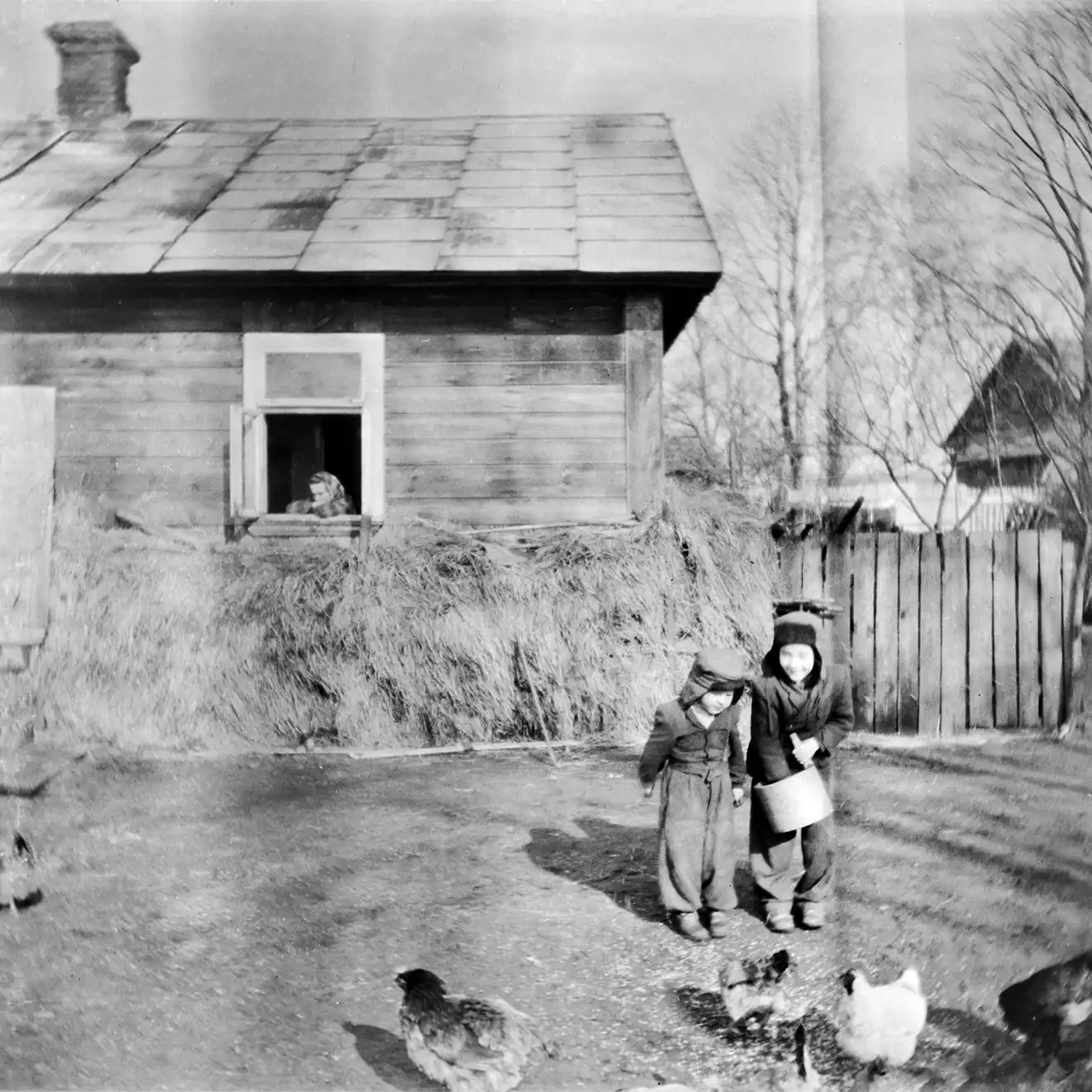 dwoje dzieci w kurtkach karmiące kury, za nimi drewniana parterowa chata obłożona do połowy sianem, z której okna wygląda kobieta w chuście